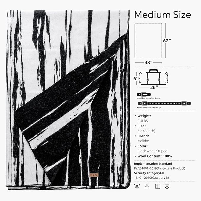 100% Wool Blanket, 48" x 62", Warm, Thick, Washable, Military Wool Blanket, Great for Camping, Outdoors, Sporting Events, Survival Kits,Black White Striped