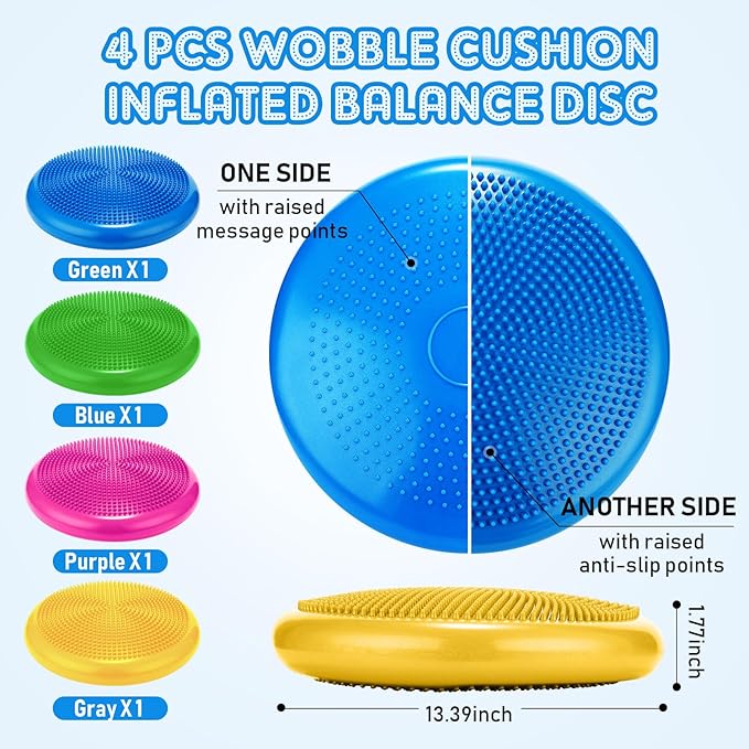 Jerify 4 Pcs Wiggle Seat Flexible Inflated Wobble Cushion Stability Balance Pad Balance Disc Sensory Seat for Men Women Fitness Physical Exercise Improving Posture Home Office