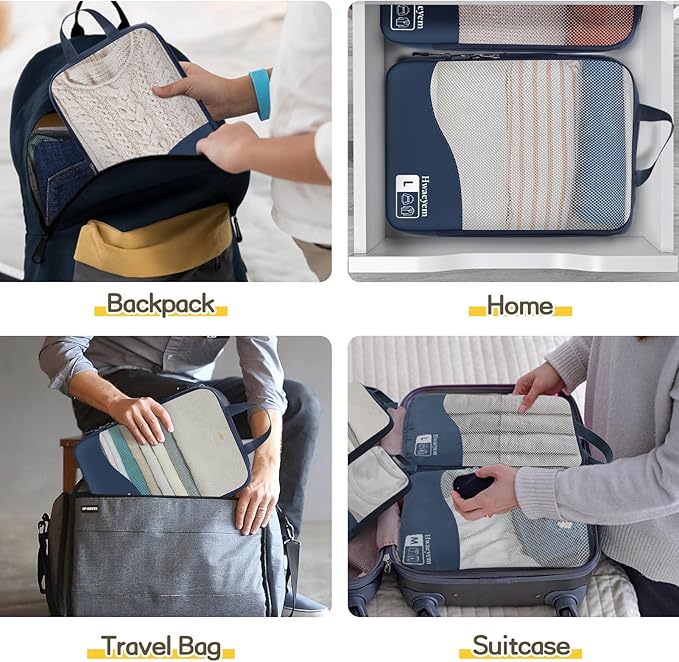 Compression Packing Cubes 8 Set, See-Through Mesh Compression Packing Cubes Travel for Carry on Women/Men, Dual Zipper Packing Bags for Suitcases, Luggage and Backpacks (Navy Blue)