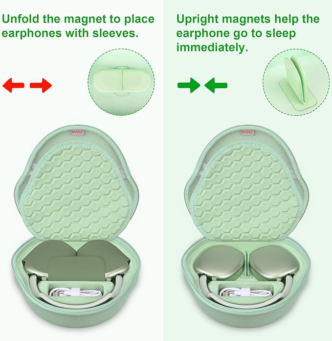 BOVKE Hard Carrying Case with Sleep Mode for Apple AirPods Max Wireless Over-Ear Headphones, AirPods Max Protective Portable Storage Bag with Mesh Pocket for Headphone Accessories, Green