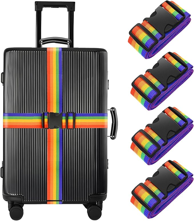 BILIONE 4 Pack Luggage Straps 79" Long Belts Keep Suitcase Secure While Traveling, TSA Approved Add a Bag Premium Accessory for Travel Bag Closure (4 Pcs Rainbow)