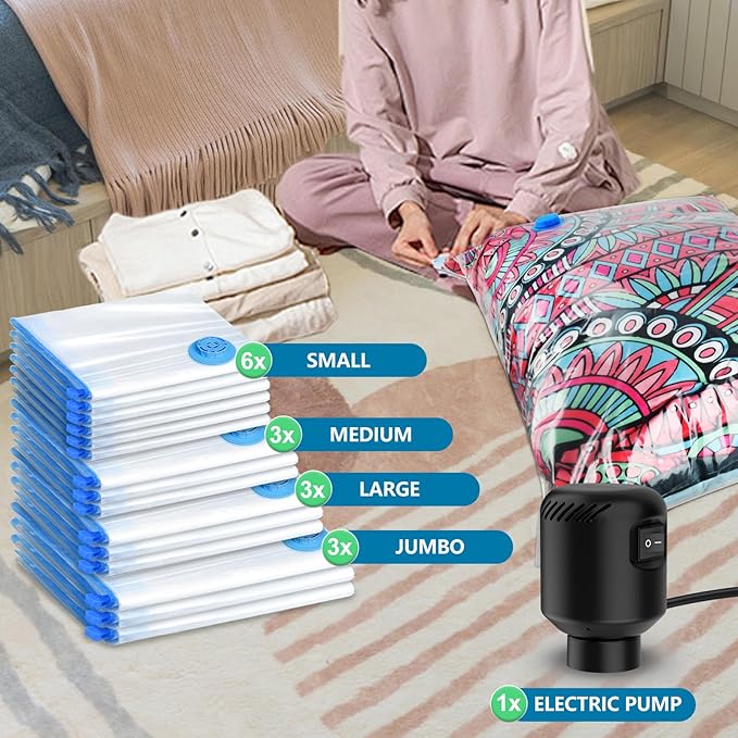 15 Pack Vacuum Seal Bag for Clothing with Electric Air Pump,Space Saver Vacuum Storage Bags for Clothes,Mattress, Blanket, Duvets, Pillows(3 Jumbo/3 Large/3 Medium/6 Small Bags)