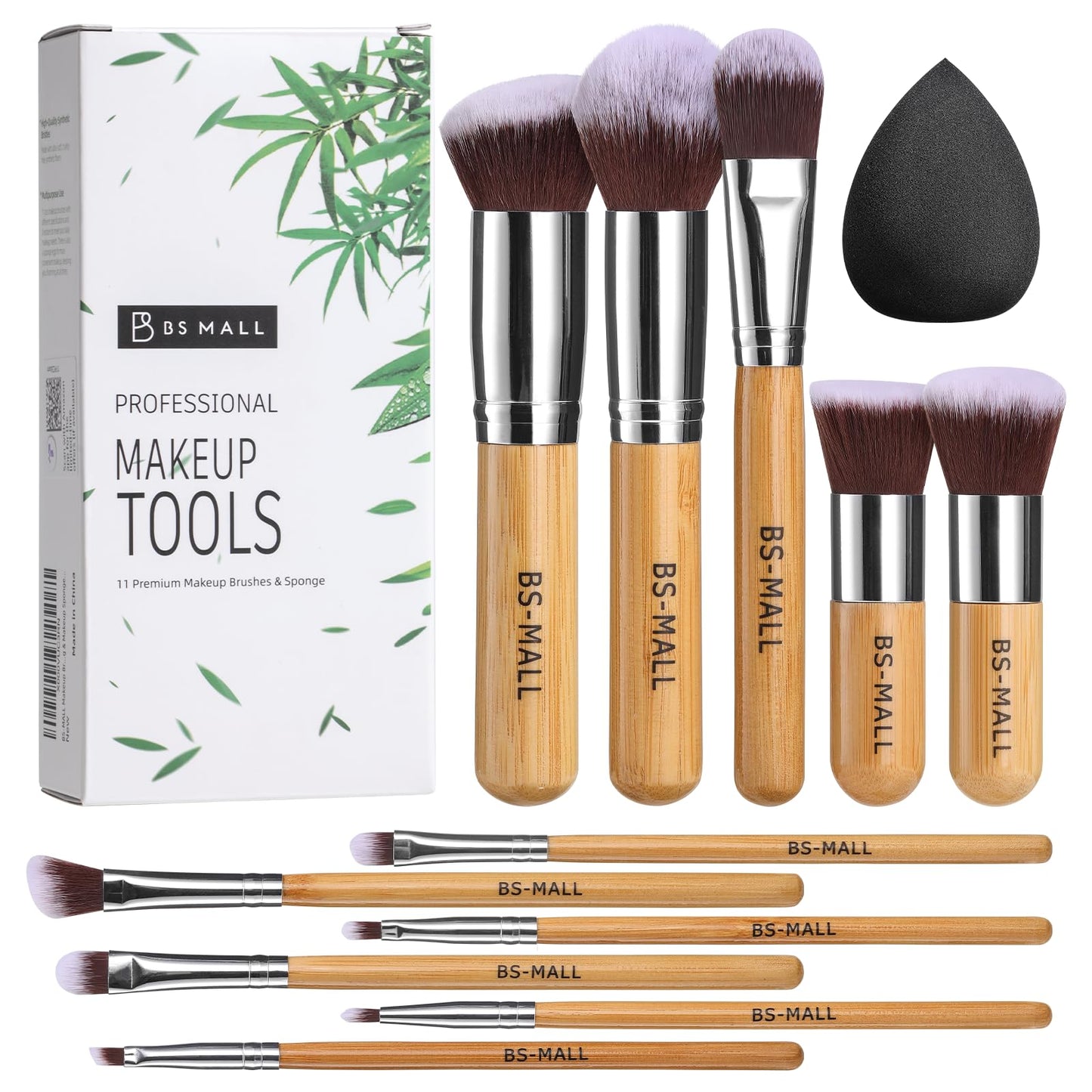 BS-MALL Professional Makeup Brush Set, 11 Pieces with Sponge Puffs and Travel Case, Bamboo Handle Brushes for Foundation and Eye Makeup (Style, Count, 12)