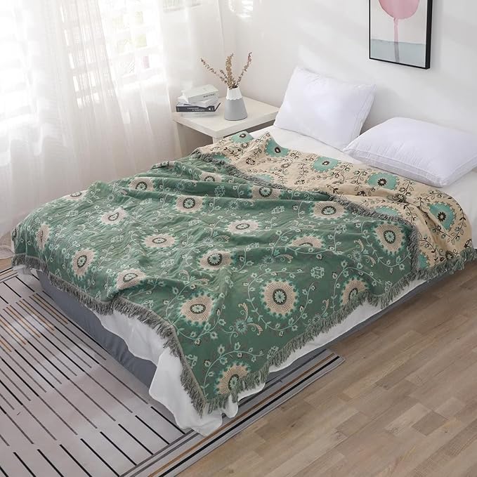 Boho Throw Blanket for Bed 100% Cotton Ultra Soft Rustic Quilt Fall Blanket Floral Printed Farmhouse Decor Bed Blankets,90"×98" All Season Rustic Throw for Sofa Couch Chair