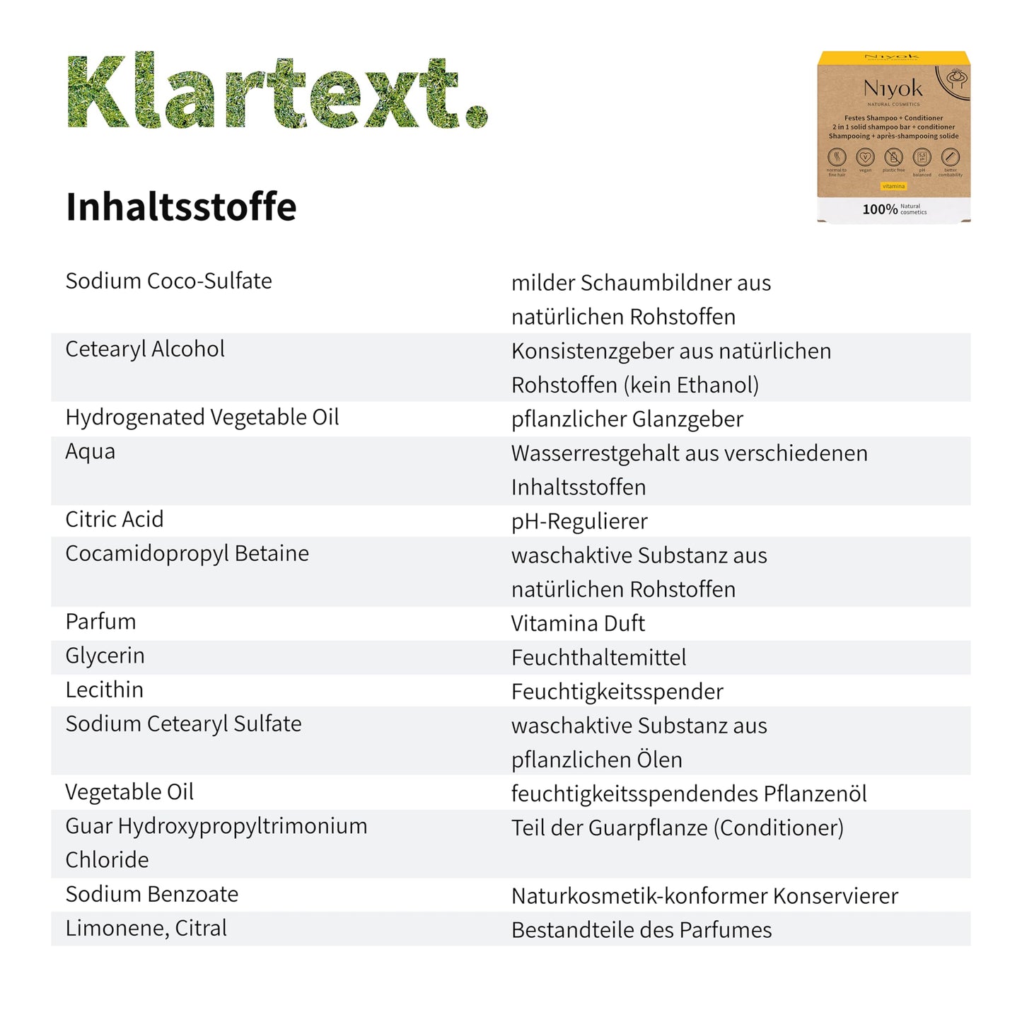 Niyok Natural Cosmetics 2-in-1 Solid Shampoo + Conditioner Bar, Vitamina Scent, 80g