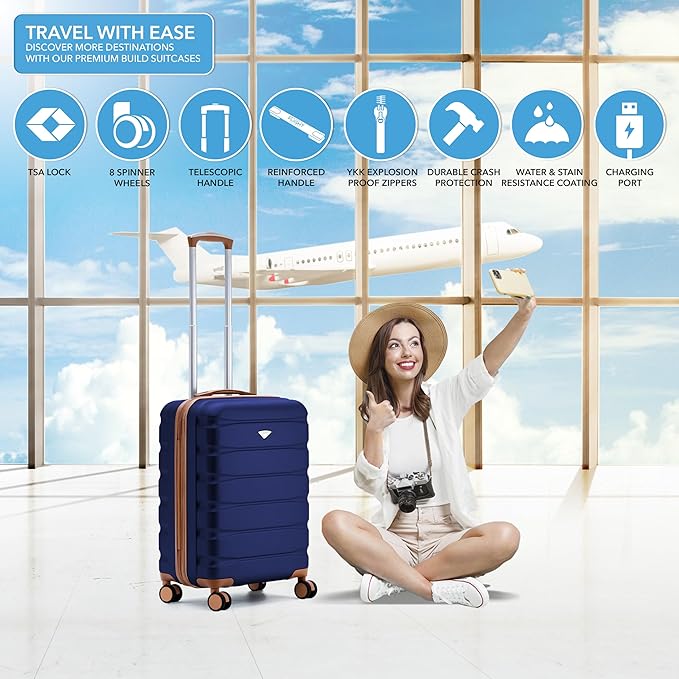 Carry On Suitcase Hardside TSA Lock & USB Port Silent Double Spinner Wheels Maximum Overhead Carry-On Bag Approved For Many Airlines( 22x18x10" ,Navy/Tan )
