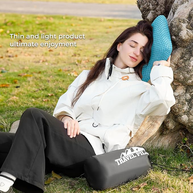 Travel Pillow Memory Foam Pillows, Camping Pillow-Compressible Medium Firm, Breathable Cover, Ideal Backpacking Hiking, Bed Pillows, Airplane and Car (Light Blue, M)