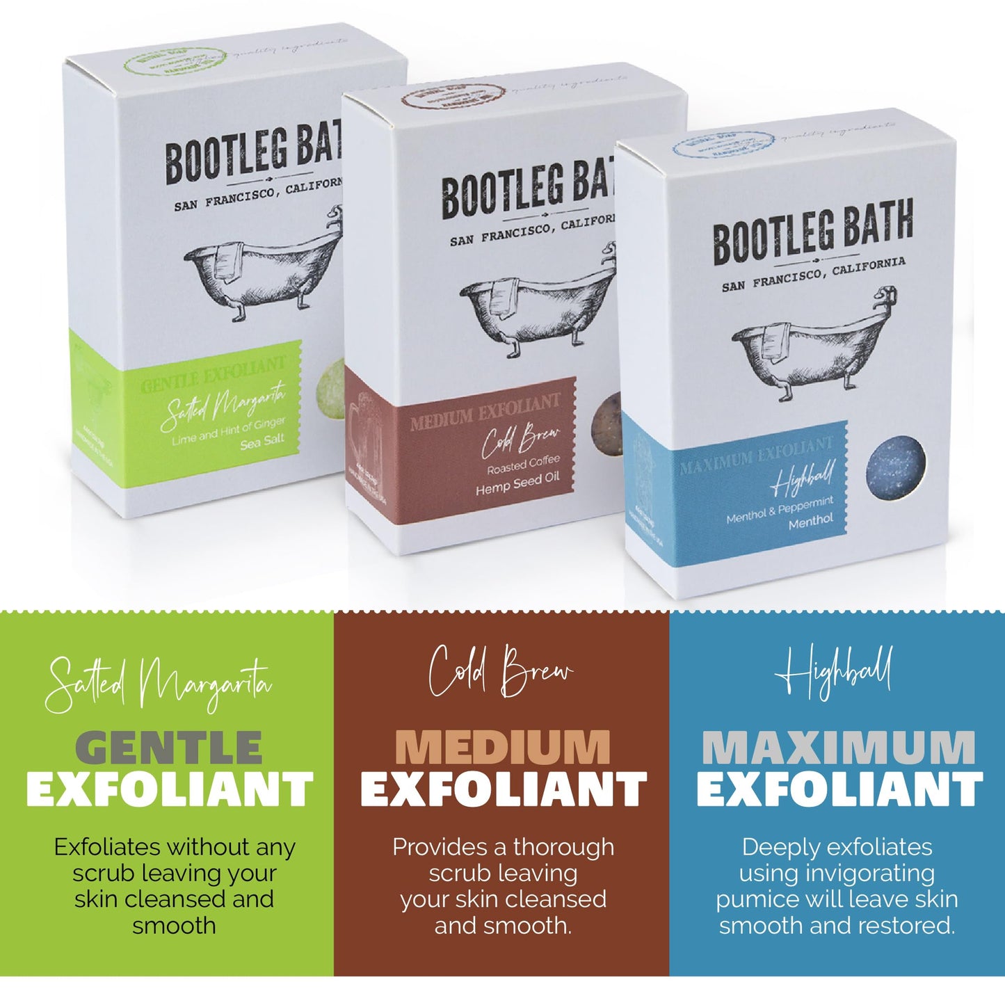 BOOTLEG BATH Natural Exfoliating Bar Soap- Variety Pack Hydrating and Moisturizing Skincare for Men and Women, Cold Brew, Menthol, Citrus, Eco Friendly, Hand Made in USA, 4.4 oz Each Bar