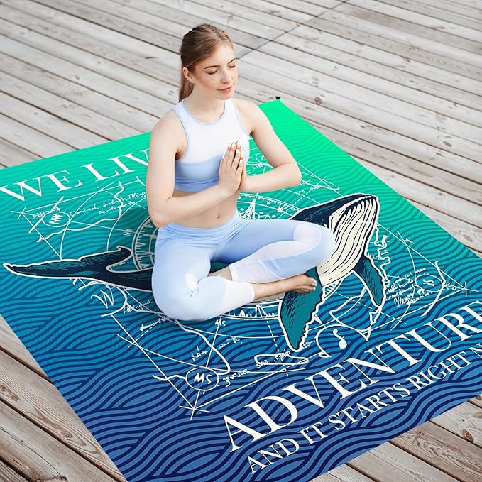 Beach Whale Pocket Picnic Blankets, Blue Ocean Coastal Mini Beach Camping Blanket Waterproof Sandproof, Rustic Sea RV Outdoor Picnic Blanket Mat Gifts for Camper Campsite Travel 55x60in