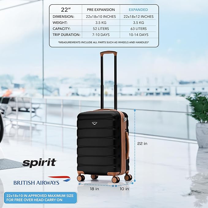 Carry On Suitcase Hardside TSA Lock & USB Port Silent Double Spinner Wheels Maximum Overhead Carry-On Bag Approved For Many Airlines( 22x18x10" ,Black/Tan )