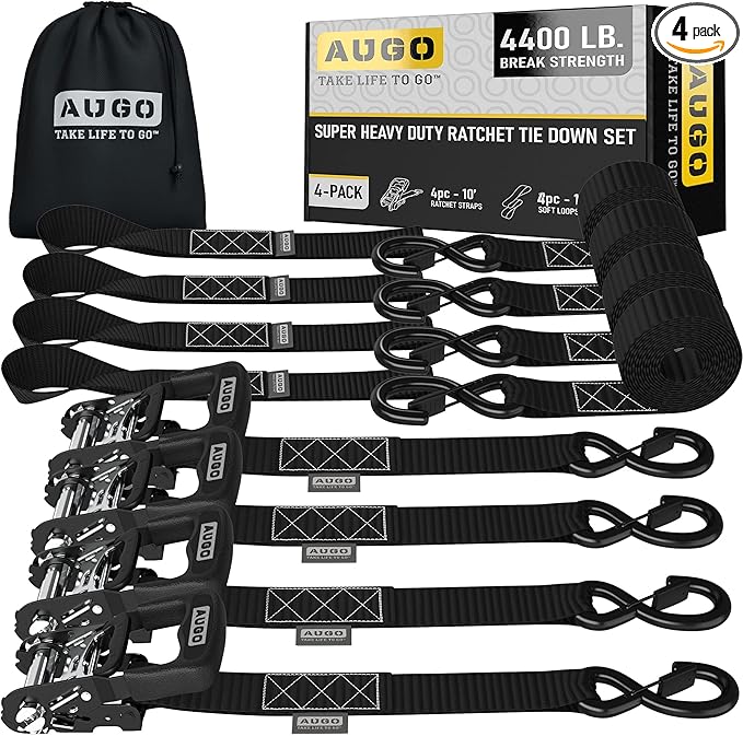 AUGO Heavy Duty Ratchet Straps & Soft Loops – Pack of 4 Extra Strong 1.5” by 10’ Ratchet Straps w/S-Hook Safety Latches & 4 Soft Loop Tie Downs – 4400Lb Break Strength for Motorcycles, ATVs, Etc.