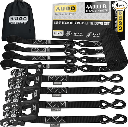 AUGO Heavy Duty Ratchet Straps & Soft Loops – Pack of 4 Extra Strong 1.5” by 10’ Ratchet Straps w/S-Hook Safety Latches & 4 Soft Loop Tie Downs – 4400Lb Break Strength for Motorcycles, ATVs, Etc.