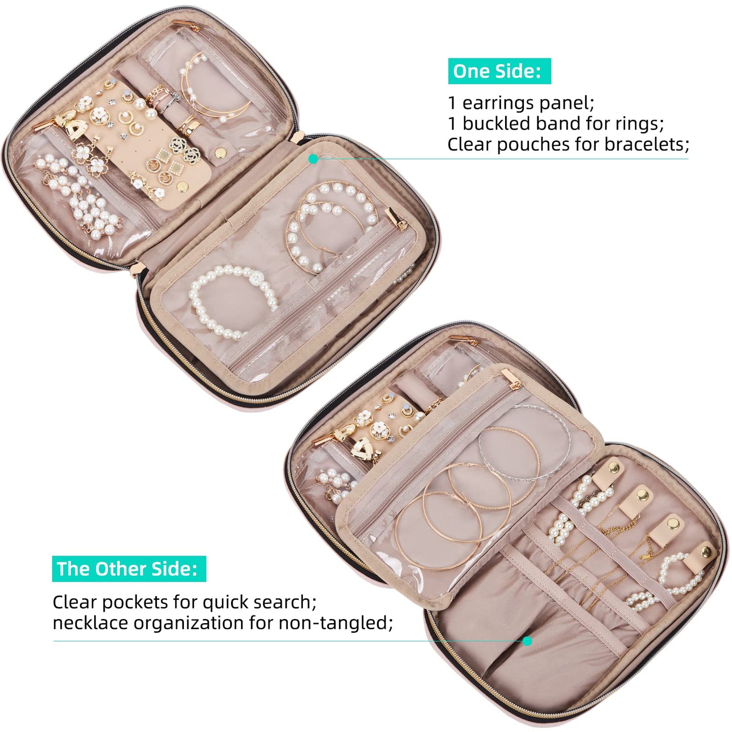 NISHEL Travel Jewelry Case, Holiday Organizer for Necklaces, Earrings, Rings, Bracelets, Watch, Pink