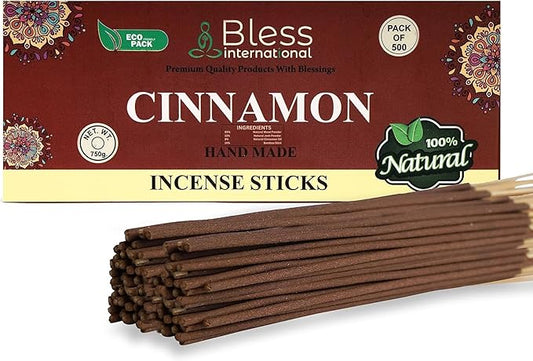 Bless-Cinnamon 100%-Natural-Handmade-Hand-Dipped-Incense-Sticks Organic-Chemicals-Charcoal-Free Purification-Relaxation-Positivity-Yoga-Meditation Best-Woods-Scent (500 Sticks(26 OZ))