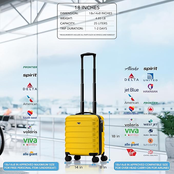 Carry On Suitcase Hardside Built In TSA Lock & USB Port Silent Double Spinner Wheels Maximum Underseat Carry-On Bag For American & United Approved Airlines( 18x14x8" ,Yellow )