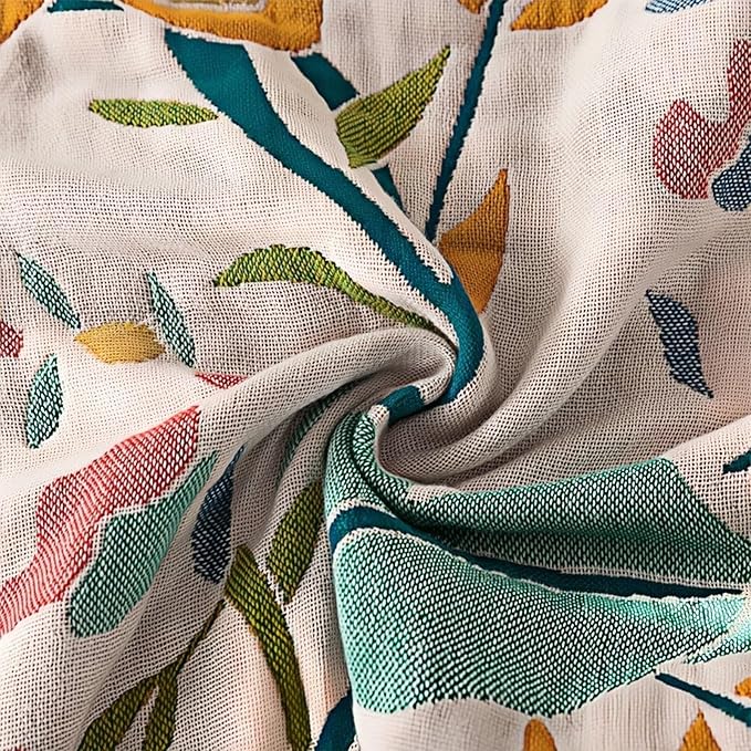 Boho Throw Blanket, Double-Sided Cotton Woven Throw Blankets,Bohemian Style Little Swan Green Boho Muslin Blanket for Traveling, Camping, Picnic, Farmhouse,80''x90''