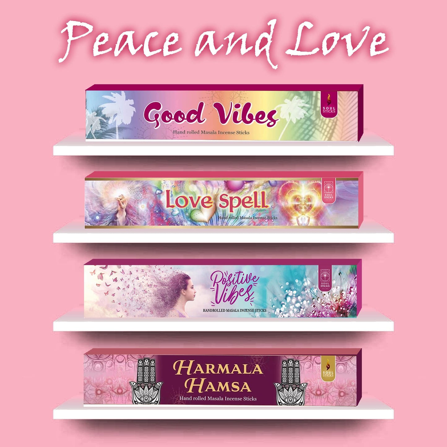 Soul Sticks Hand-Rolled Incense Sticks Variety 4 Pack | 100% Natural Masala Incense Organic Home Fragrance Agarbatti | 15 Grams Per Pack - 60 Grams Total (Magical Bliss) (Peace & Love)