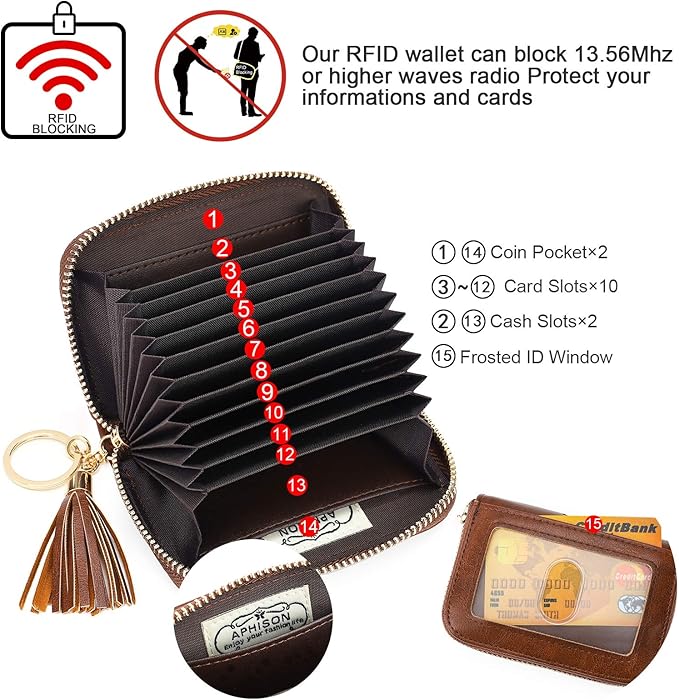 APHISON RFID Credit Card Holder Zipper Card Case Keychain Small Wallet for Women 1927 COFFEE