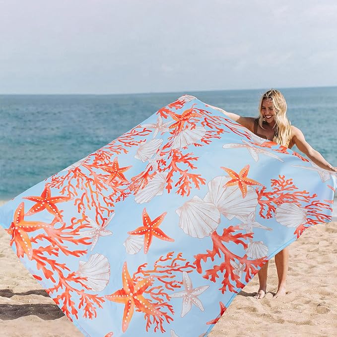Beach Blanket Waterproof Sandproof, 9 Ft X 10 Ft Extra Large Sand Free Beach Mat, Big Compact Lightweight Quick Drying Picnic Blanket with 4 Stakes & Pockets for Camping, Travel, Hiking