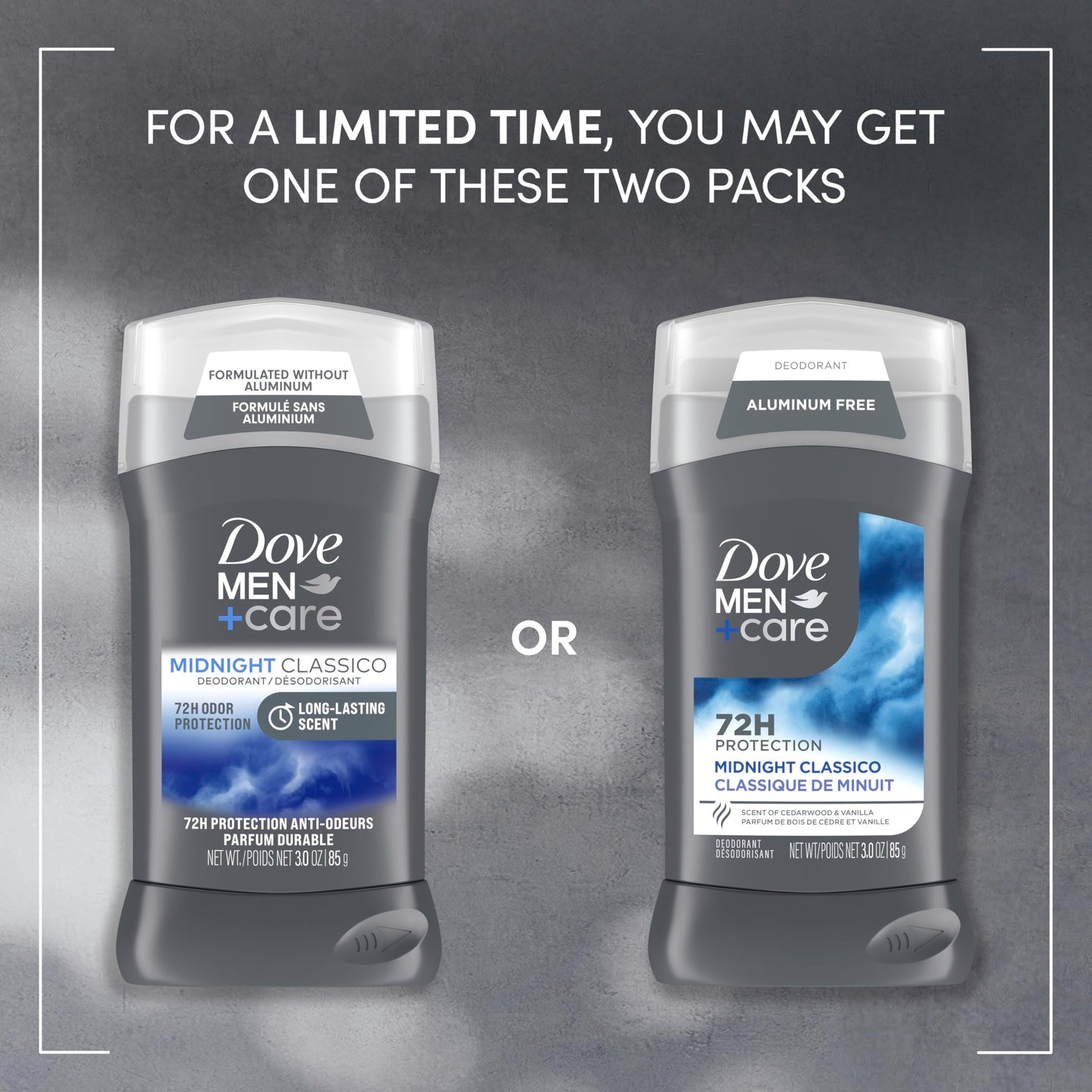 Dove Men+Care Deodorant Stick for Men 3 Count Midnight Classico Aluminum Free 72-Hour Odor Protection Mens Deodorant with Essential Oils & 1/4 Moisturizing Cream 3 oz