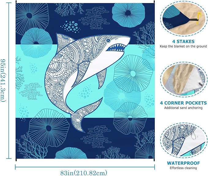 Beach Blanket Waterproof Sandproof, Shark Oversized Extra Large Picnic Mat 83"×95"/8 × 7 FT for 1-7 Adults for Travel Camping Hiking, Quick Drying Lightweight Beach Vacation Essentials