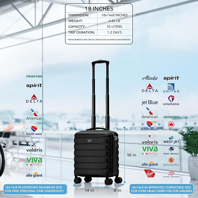 Carry On Suitcase Hardside Built In TSA Lock & USB Port Silent Double Spinner Wheels Maximum Underseat Carry-On Bag For American & United Approved Airlines( 18x14x8" ,Black )