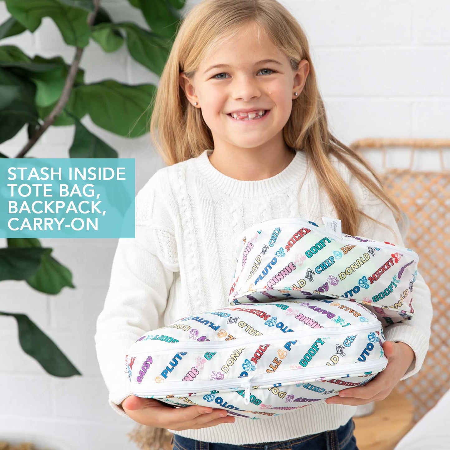 Bumkins Disney Packing Cubes for Travel, Organize Luggage with Compression Bags, Essential Traveling Accessories, Carry On Suitcase for Clothes or Toiletries, Set of 2 Sizes, Mickey and Friends White