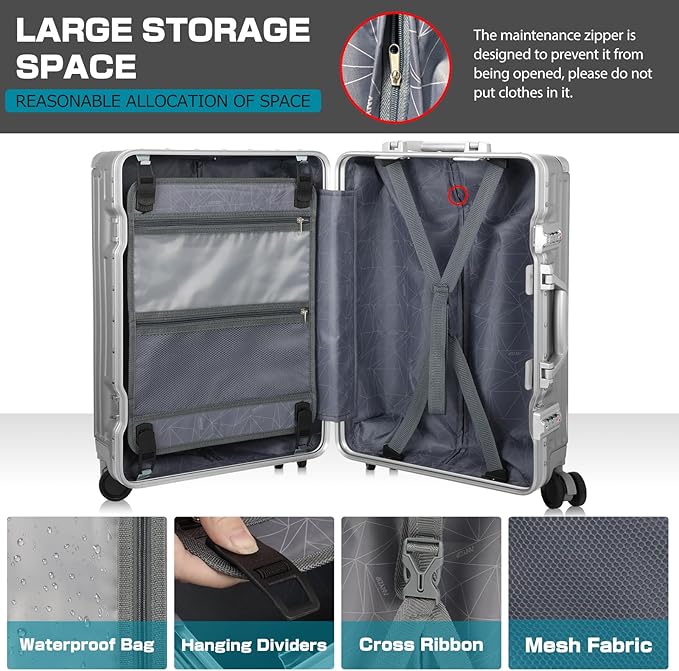 AnyZip Luggage Aluminium Frame Suitcase Hard Shell TSA Lock No Zipper 28In Silver