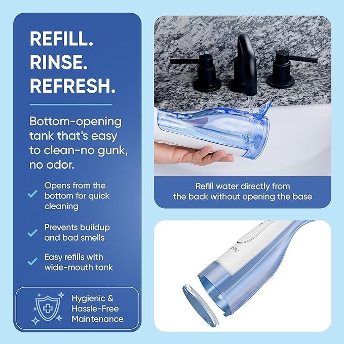 JETLY Water Dental Flosser Teeth Pick Cleaner: Travel Cordless Oral Irrigator 300ML Capacity Portable Rechargeable IPX7 Waterproof Electric Flossing Machine for Teeth Cleaning (White)