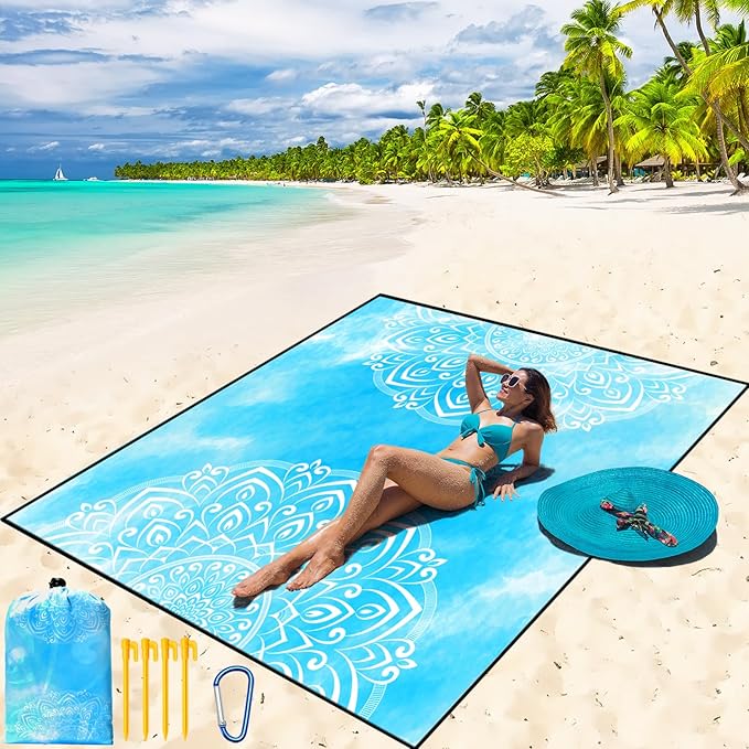 Beach Blanket Waterproof Sandproof Beach Mat 79" X 83"/10'x9'for 2-8 Adults Quick Drying Outdoor Picnic Mat Beach Accessories for Travel, Camping, Hiking