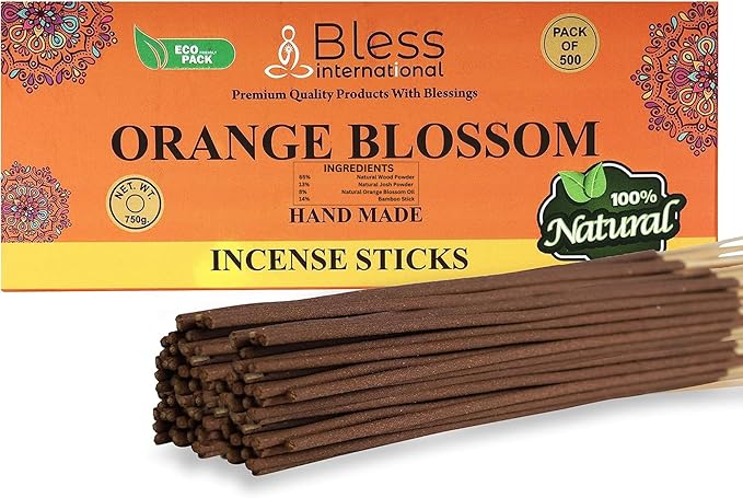 Bless-Orange-Blossom 100%-Natural-Handmade-Hand-Dipped-Incense-Sticks Organic-Chemicals-Charcoal-Free Purification-Relaxation-Positivity-Yoga-Meditation Best-Woods-Scent (500 Sticks(26 OZ))