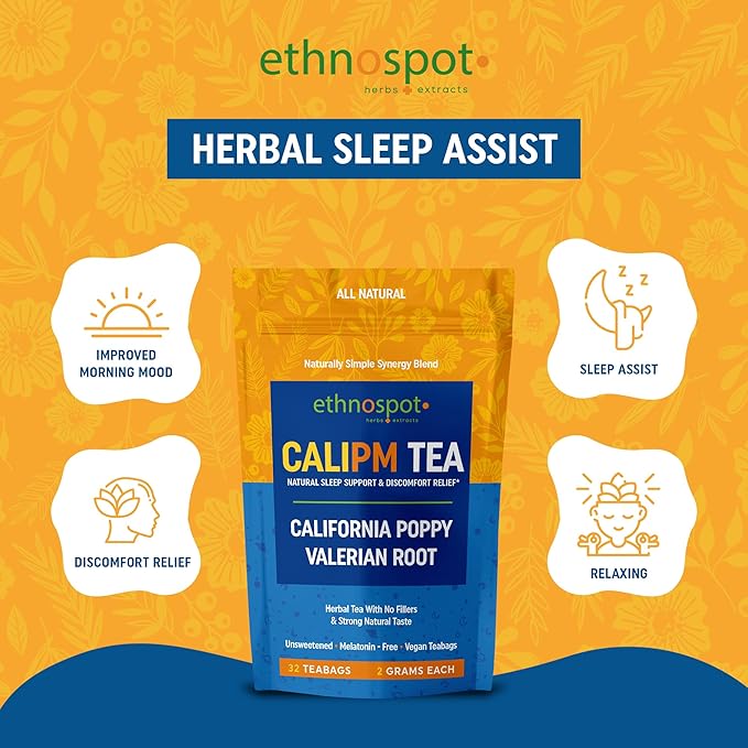 CaliPM Teabags - Natural Sleep Tea with California Poppy & Valerian Root, Herbal Tea for Relaxation & Discomfort Relief, Unsweetened & Vegan, Melatonin-Free, 100% Natural Ingredients - 2 Gram Teabags - 32 Teabags