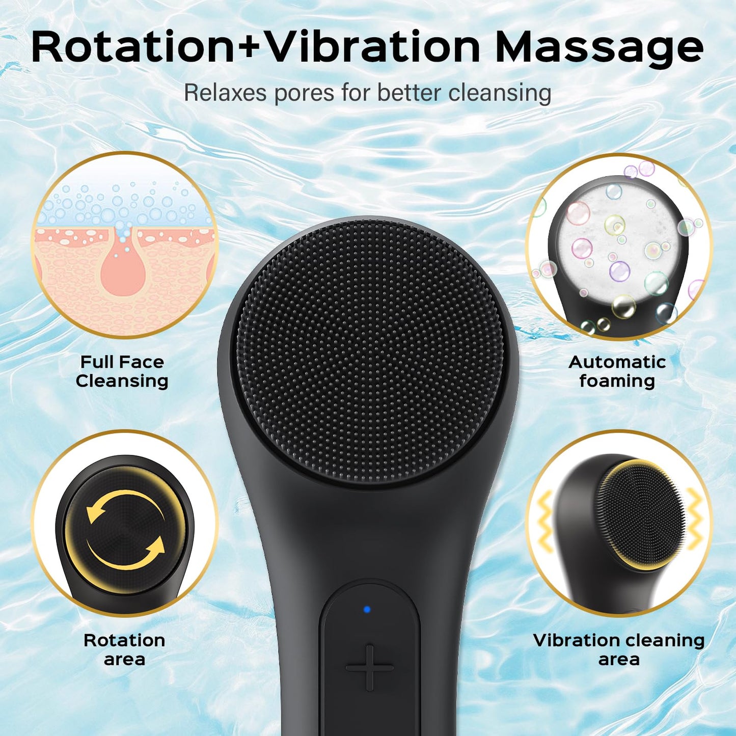 KIKONO Facial Cleansing Brush with Big Electric Round Brush Head - 2 in 1 Spin and Automatic Foam Patented Tech, Wide Surface Cleaning, Waterproof Rechargeable Face Scrubber for Men and Women