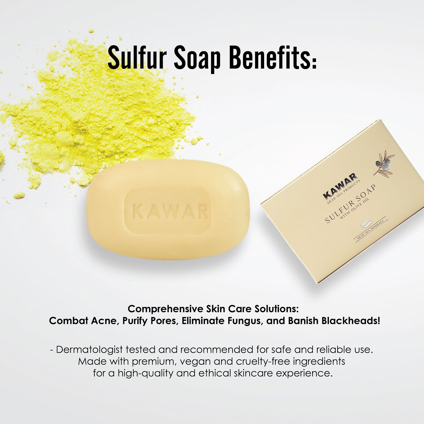 KAWAR Dead Sea Sulfur Soap with Olive Oil, Relief Skin Conditions Such as Acne, Psoriasis, Eczema & Blackheads, for Oily to Normal Skin, Vegan Soap Bar for Men & Women, 4.2 oz