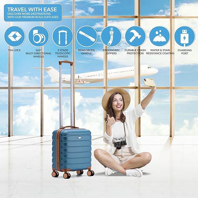 Carry On Suitcase Hardside Built In TSA Lock & USB Port Silent Double Spinner Wheels Maximum Underseat Carry-On Bag For American & United Approved Airlines( 18x14x8" ,Blue/Tan )