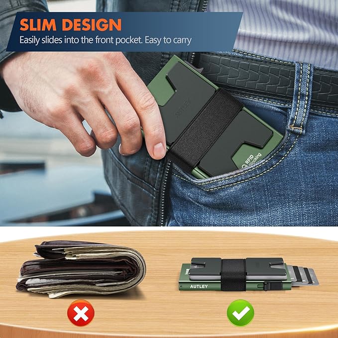 AUTLEY Slim Wallet For Men, Minimalist Mens Wallet Pop Up Wallet, Rfid Blocking Credit Card Holder Wallet with Cash Band (Green)