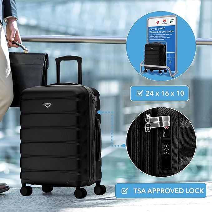Carry On Suitcase Hardside Built In TSA Lock & USB Port Silent Double Spinner Wheels Maximum Overhead Carry-On Bag For Virgin & South West Approved Airlines( 24x16x10" ,Black )