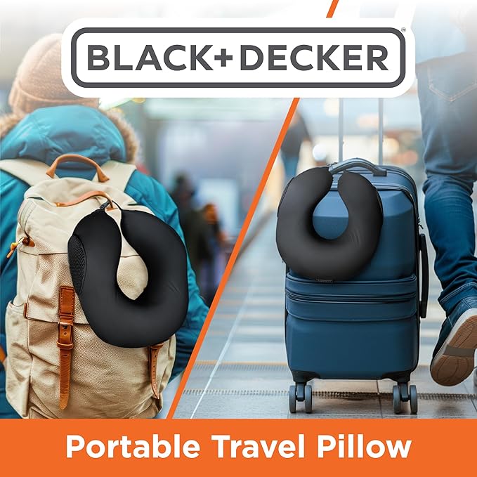 BLACK+DECKER Memory Foam Travel Neck Pillow Travel Pillow for Plane, Car & Train| Ice Silk Cooling Fabric, Ergonomic Design, Neck Support, Washable Cover,Black