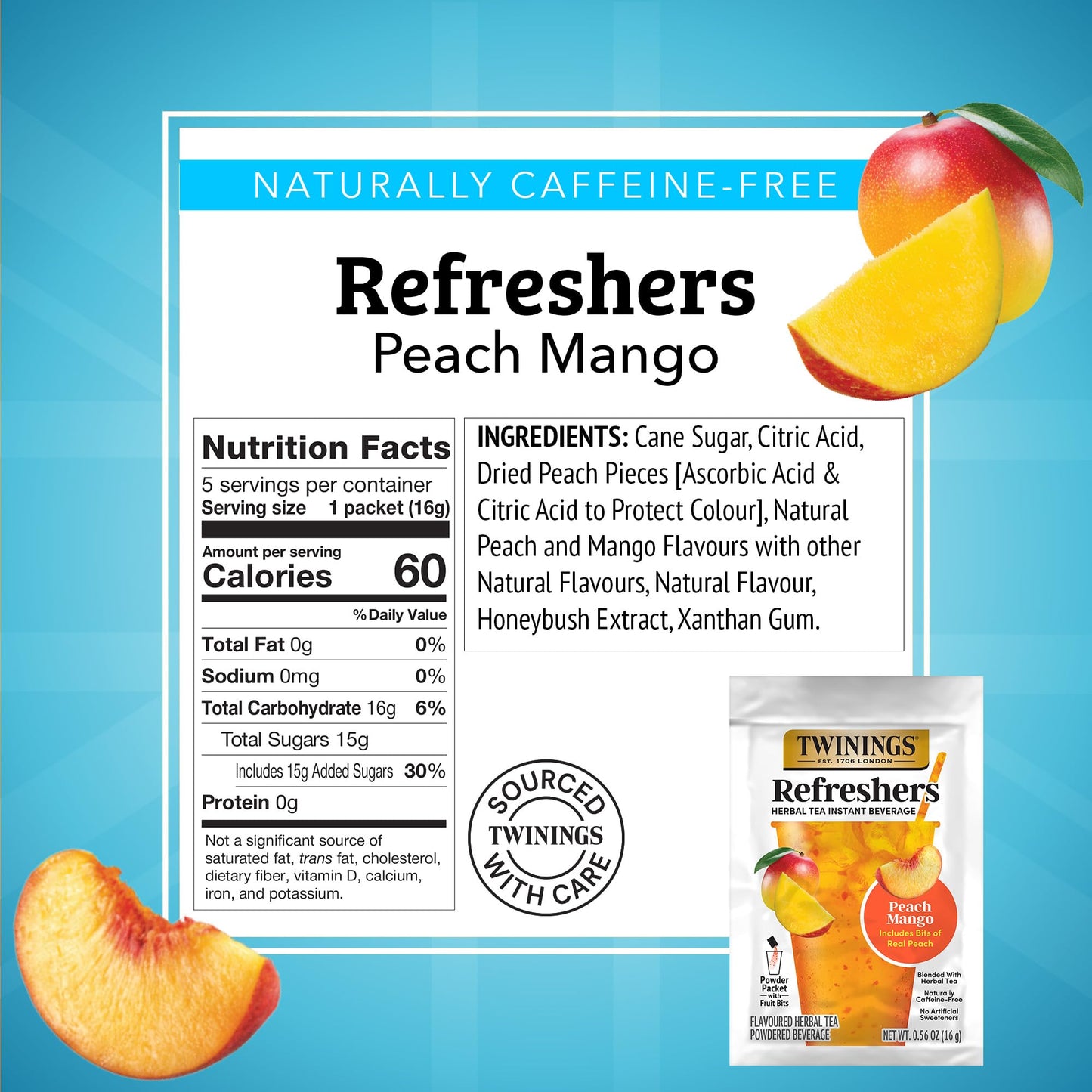NEW Twinings Peach Mango Refreshers, Herbal Tea Instant Beverage with Real Peach Fruit Bits, 5 Count (Pack of 1), Café Style, No Artificial Sweeteners, Naturally Caffeine-Free Refreshment, 5 Packets