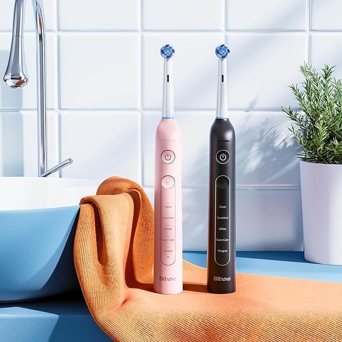 Bitvae Rotating Electric Toothbrush 2 Packs for Adults with Pressure Sensor, Gifts for Men/Women, 5 Modes Rechargeable Power Toothbrush with 8 Brush Heads, Black & Pink, R2