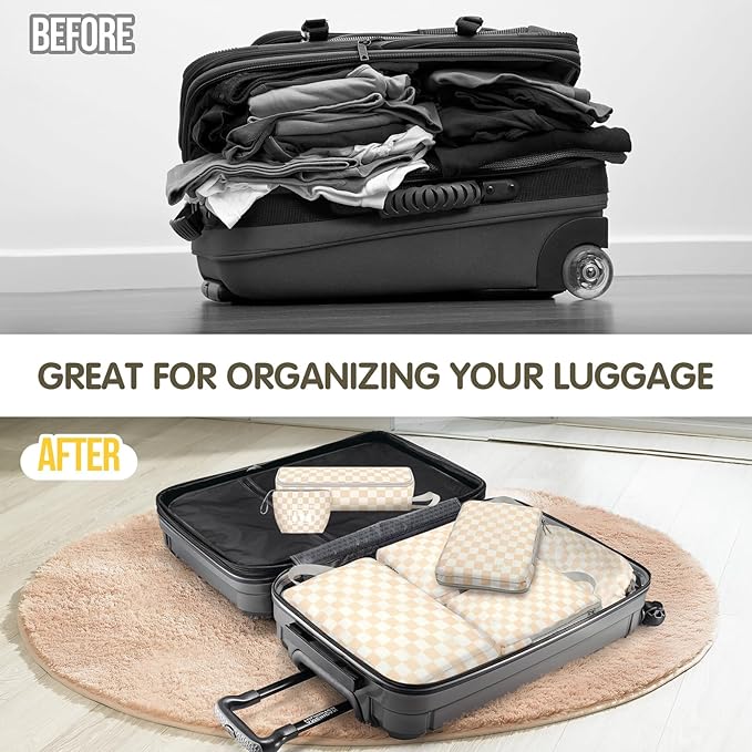 8 Set Compression Packing Cubes Travel, Lightweight Durable Packing Compression Cubes, Accessories Bags Packing Cubes for Travel Luggage Organizer (Khaki Checkered)