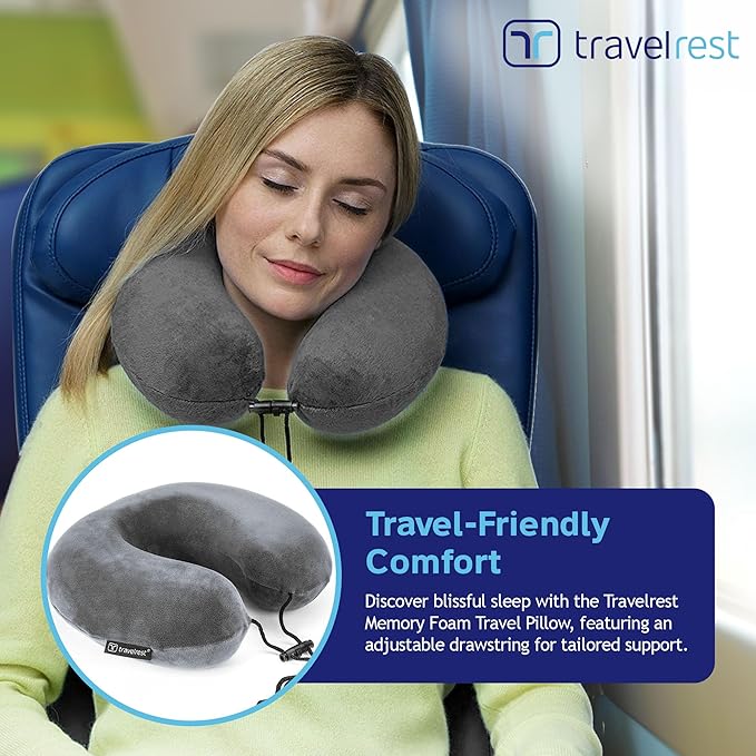 TRAVELREST Travel Essential Neck Pillow - Memory Foam, Washable Micro-Fiber Cover, Soft and Comfortable Head Support for Long Flights, Compact, Attaches to Luggage, Airplanes, Cars, Bus - (Grey, Curl)