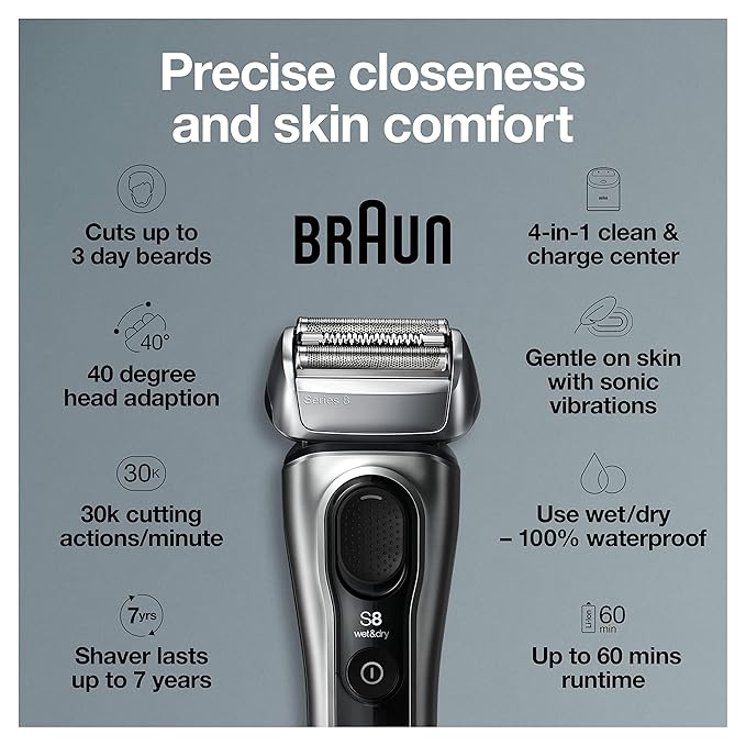 Braun Electric Razor for Men, Series 8 8457cc Electric Foil Shaver with Precision Beard Trimmer, Cleaning & Charging SmartCare Center, Galvano Silver