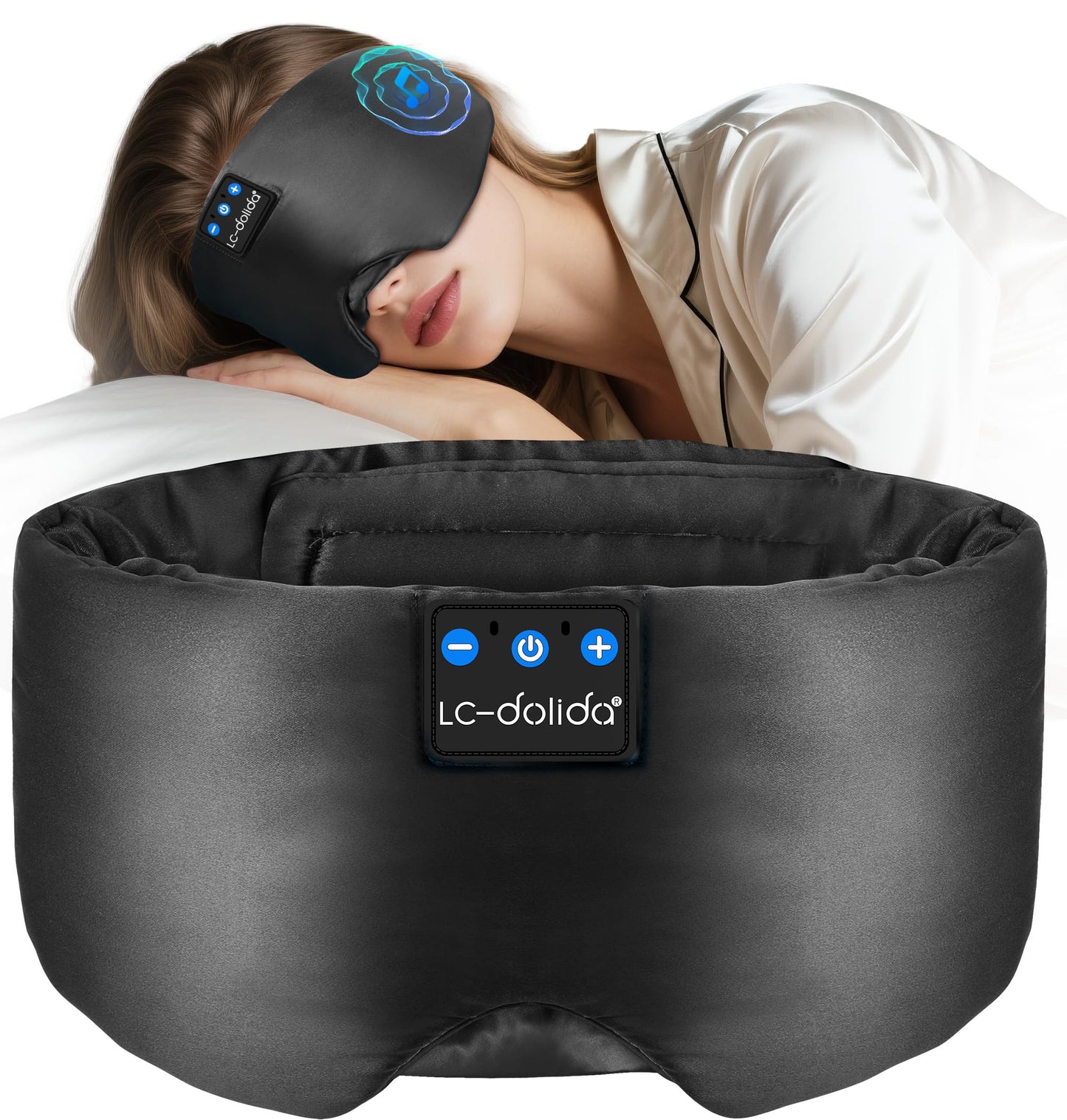 LC-dolida Luxurious Silk Soft Sleep Mask, Sleep Headphones with Bluetooth 5.4 for Side Sleeper, Total Blackout Eye Sleeping Mask for Women and Men, Ideal Gift for Restful Sleep, Travel(Black)