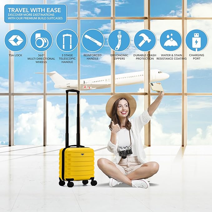 Carry On Suitcase Hardside TSA Lock & USB Port Silent Double Spinner Wheels Maximum Underseat Carry-On Bag For Virgin & South West Approved Airlines( 16.25x13.5x8" ,Yellow )