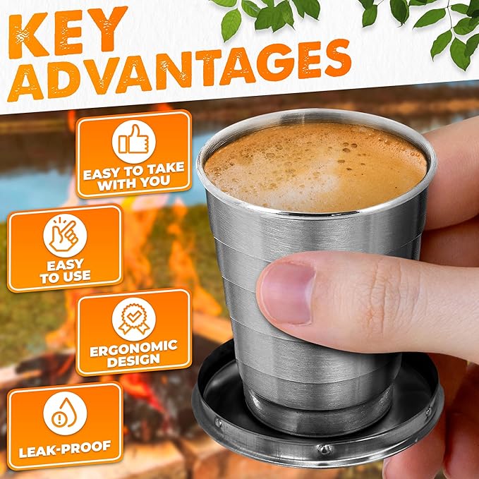 Collapsible Travel Cup with Lid 2.5Oz (75ml) - Leak-Proof Сollapsible Shot Glass Keychain, Highly Portable, Made of Rust & Bend Resistant Stainless Steel - Foldable Cup for Traveling, Fishing, Camping