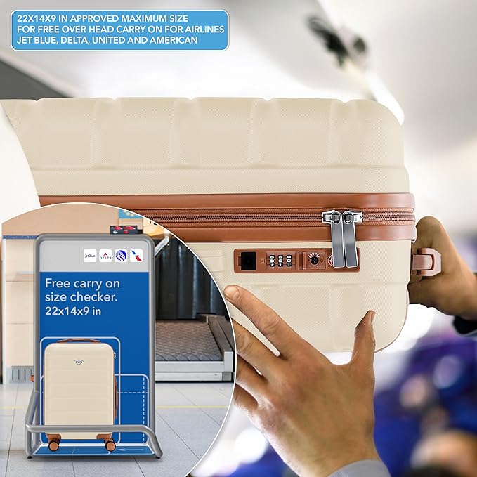 Carry On Suitcase Hardside Built In TSA Lock & USB Port Silent Double Spinner Wheels Maximum Overhead Carry-On Bag For American & United Approved Airlines(22x14x9,Cream/Tan)