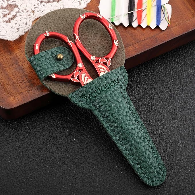 Antique Embroidery Scissors with Case, Needlework Scissors for Sewing Crafting Cross Stitch Crochet Yarn, Detail Shears Threading Snips Vintage Golden Red