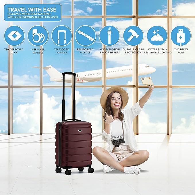 22x14x9" Expandable Carry On Suitcase Hardside TSA Lock USB C Port Lightweight Luggage Silent Double Spinner Wheels Maximum Overhead Carry-On Bag For American & United Approved Airlines