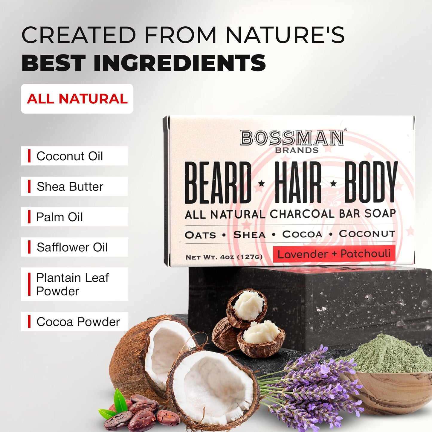 Bossman Men's 4-in-1 Bar Soap for Men + Black Soap Dish Bundle – 4 oz Bar with Lavender & Patchouli Scent + Ceramic Base with Bamboo Tray